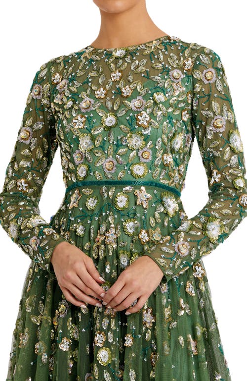 Shop Mac Duggal Floral Appliqué Long Sleeve Illusion Gown In Sage