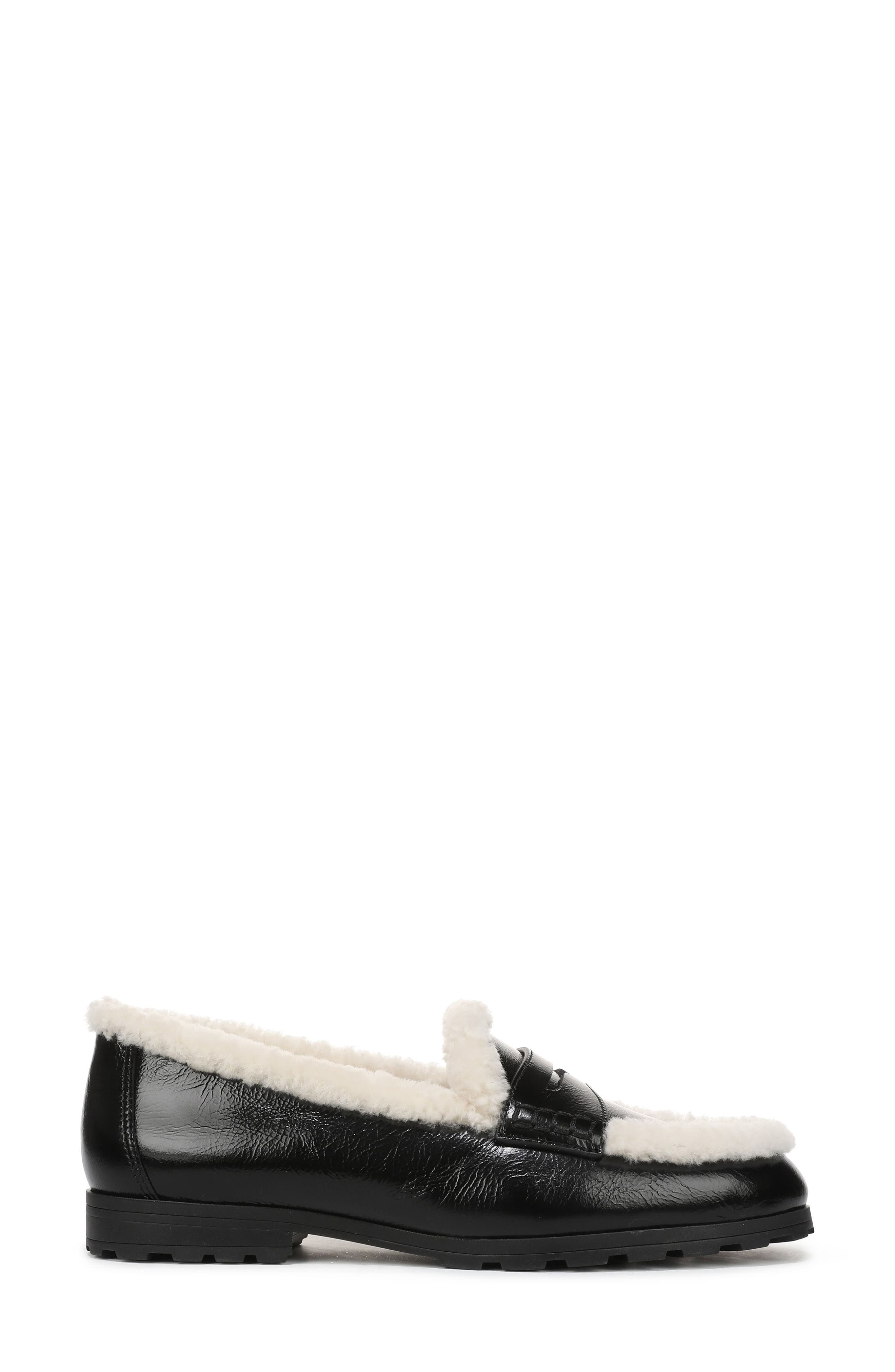 Penny Lug Loafer with Genuine Shearling Trim, Alternate, color, BLACK LEATHER