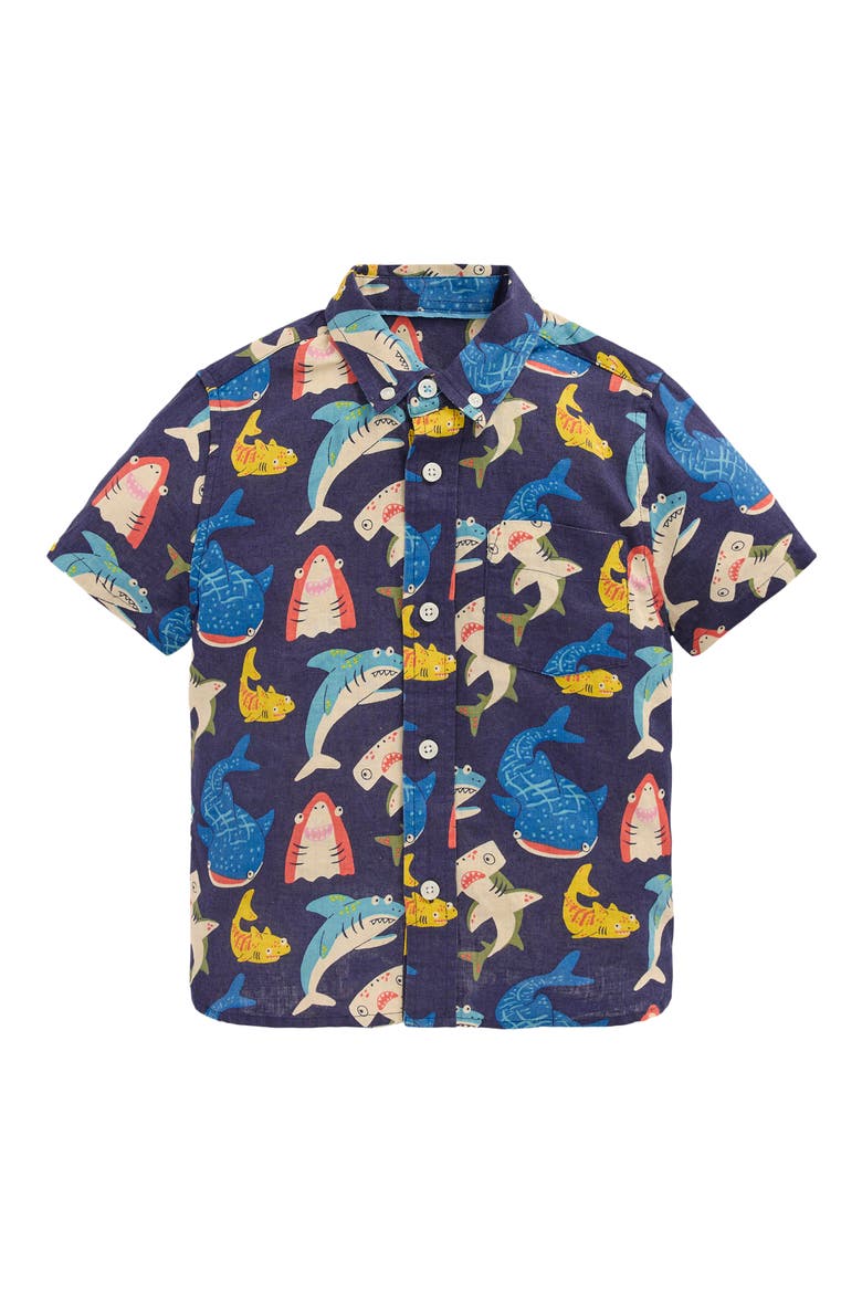 Kids' Linen & Cotton Short Sleeve Button-Down Shirt, Main, color, NAVY SHARKS