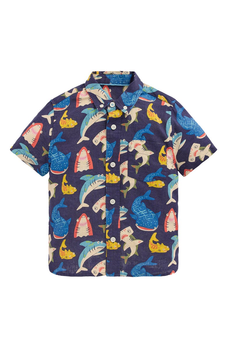 Mini Boden Kids' Linen & Cotton Short Sleeve Button-Down Shirt, Main, color, Navy Sharks