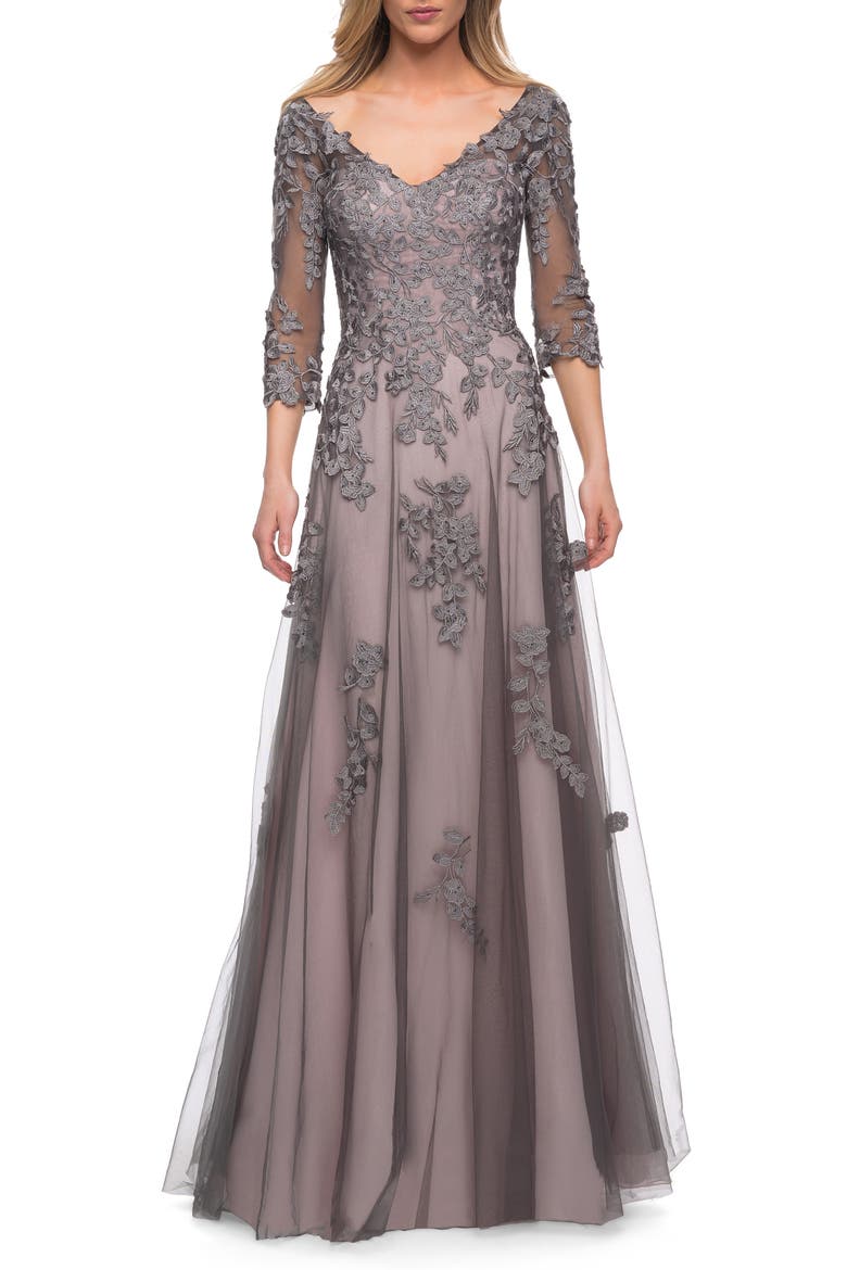 Lace & Tulle A-Line Gown, Main, color, PINK/ GRAY