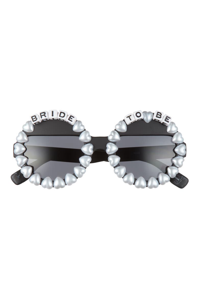 Bride to Be Embellished Round Sunglasses, Main, color, BLACK/ BLACK