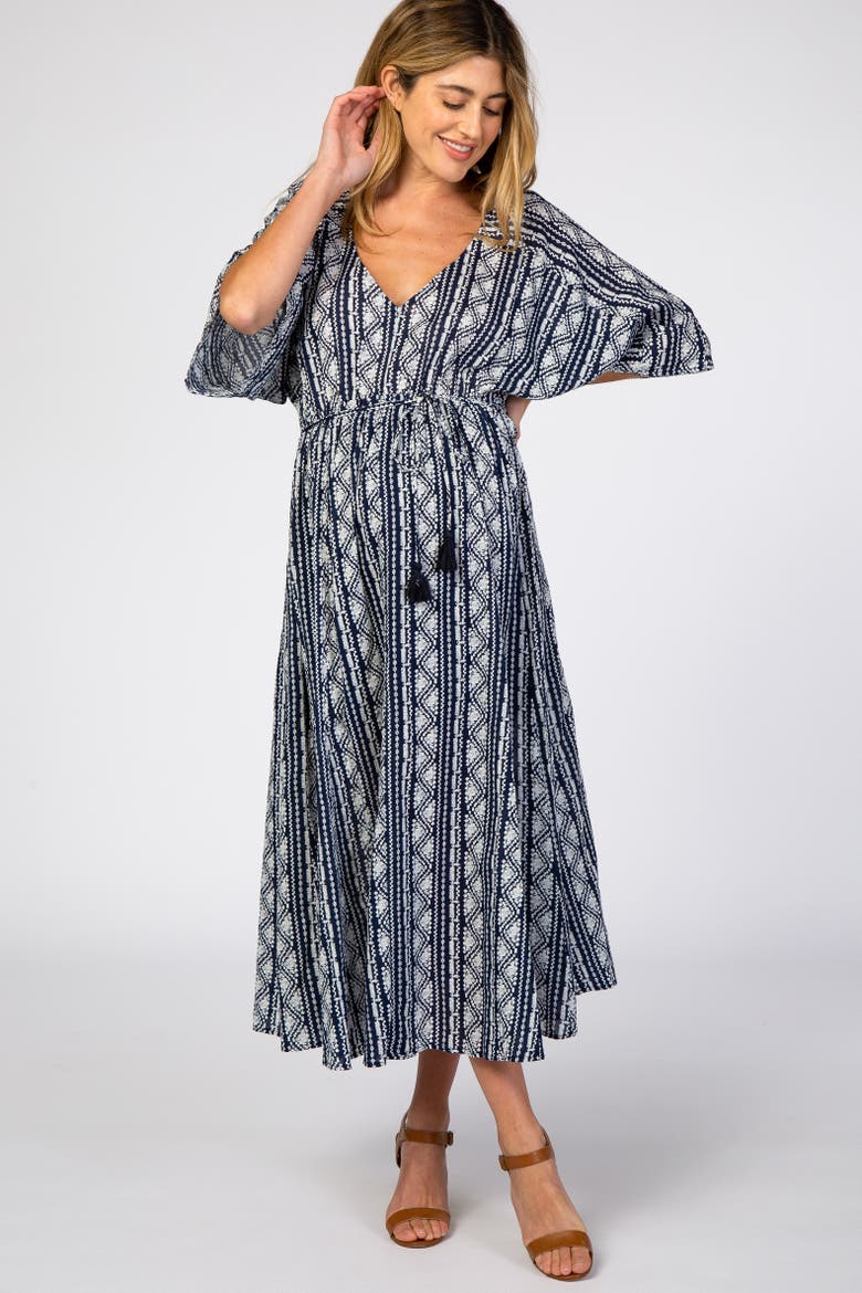 Printed V-Neck Midi Dress, Alternate, color, Navy Blue