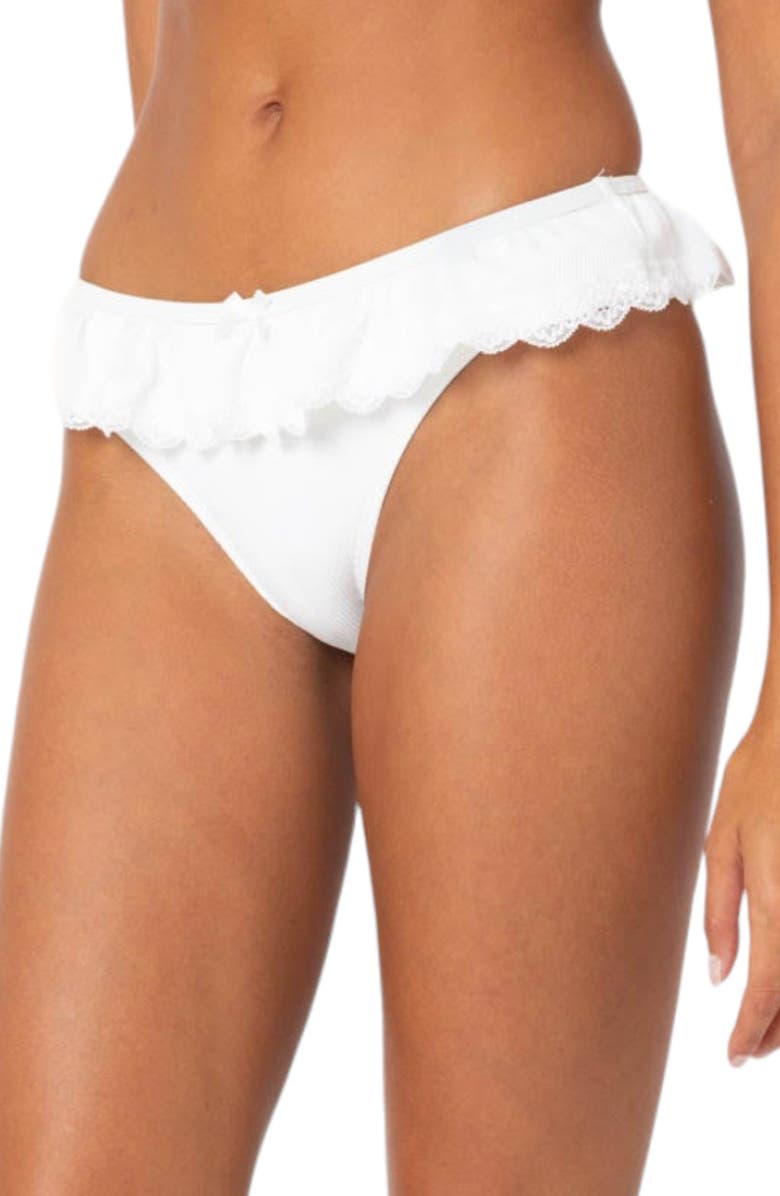 EDIKTED Ruffle Lace Trim Bikini Bottoms, Alternate, color, White