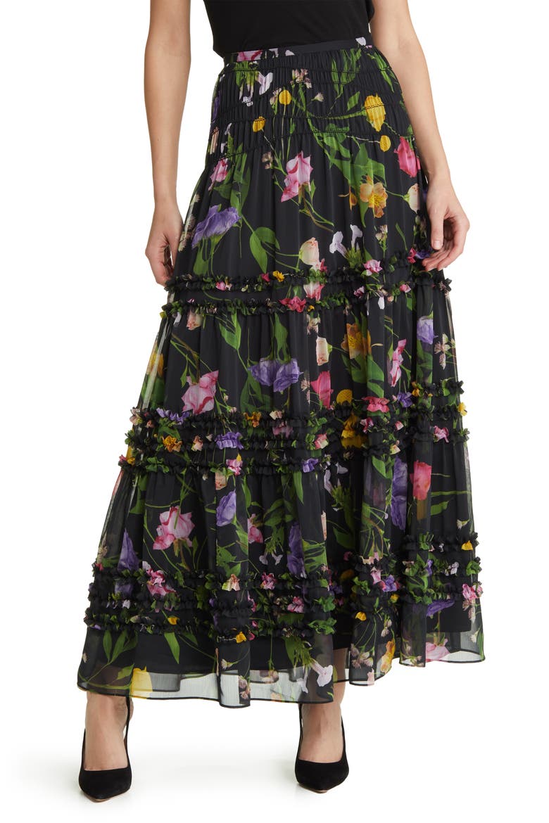 Thieaa Floral Ruffle Tiered Chiffon Skirt, Main, color, BLACK