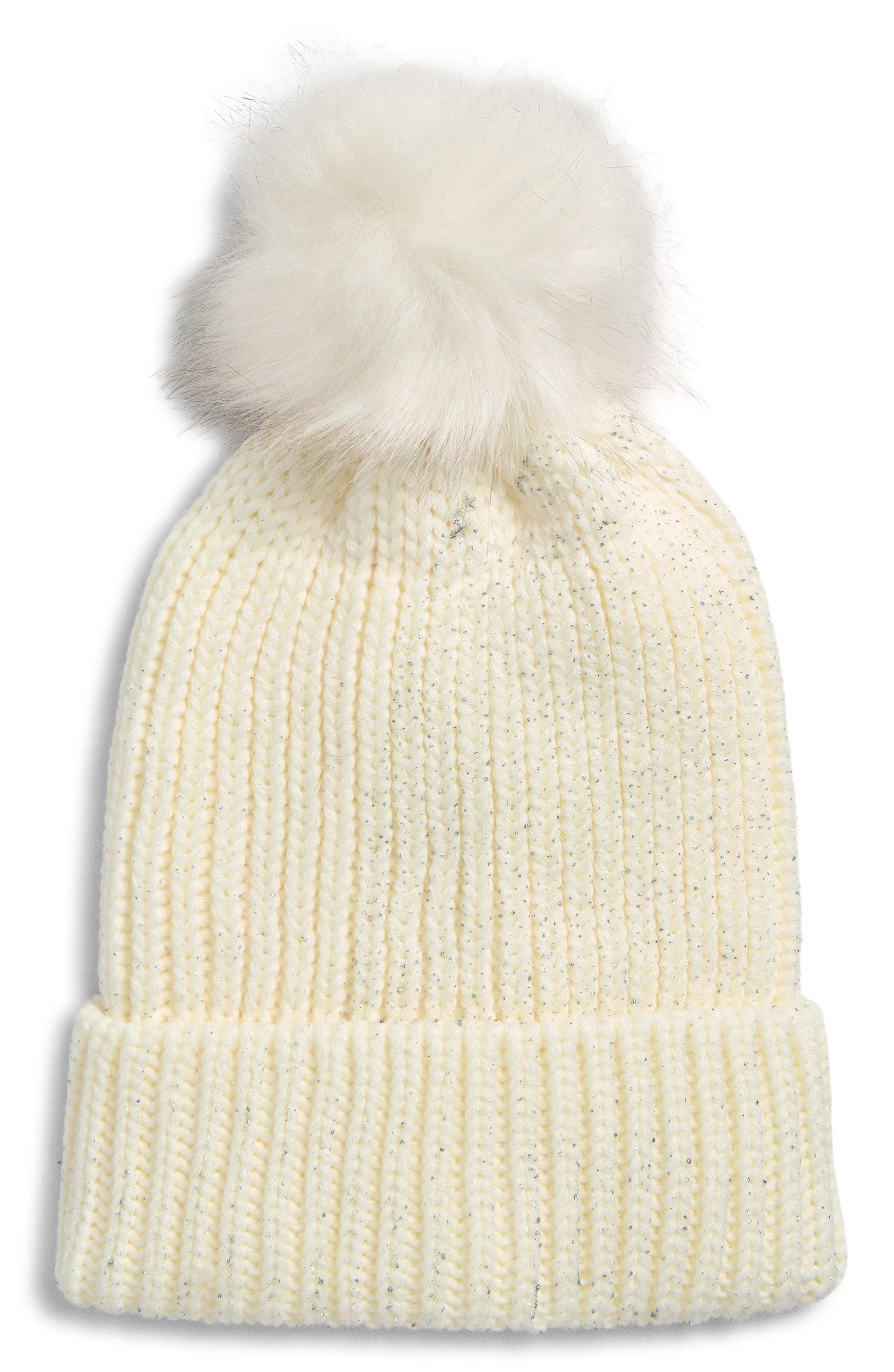 Tasha Faux Fur Pom Sparkle Beanie