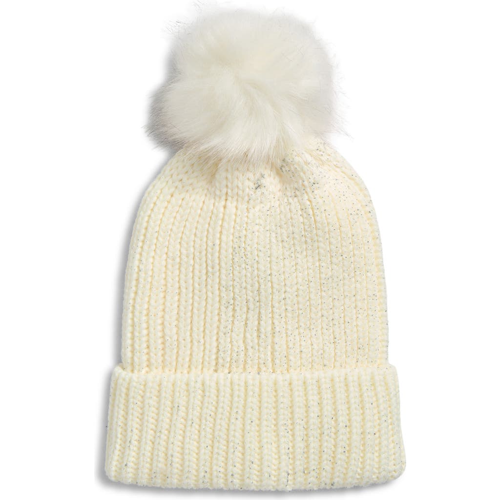 Tasha Faux Fur Pom Sparkle Beanie In White