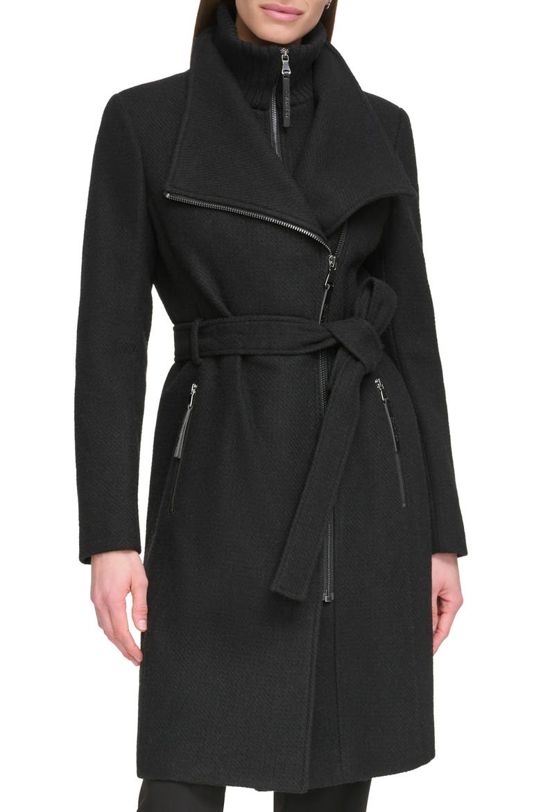 Angled Zip Twill Coat, Main, color, BLACK TWILL