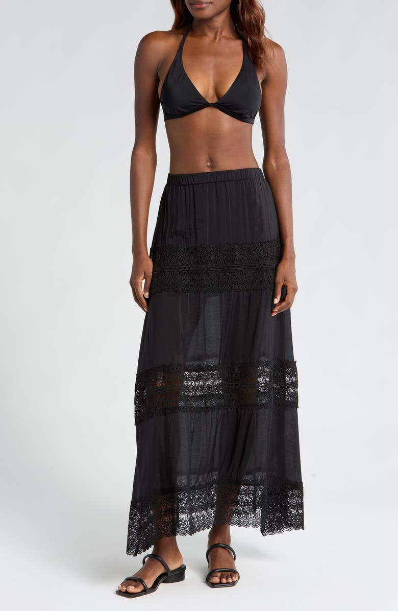 Elan Lace Trim Cotton Tiered Cover-Up Skirt, Main, color, Black