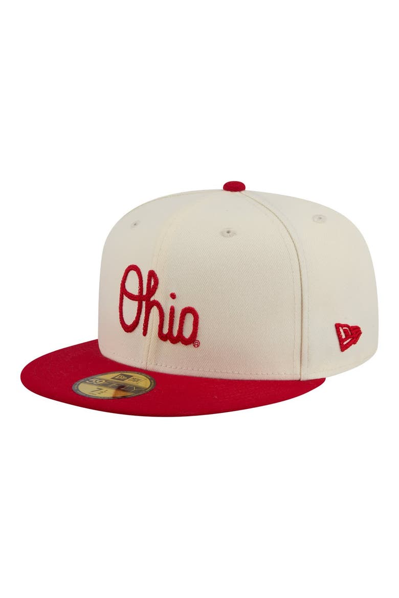 Men's New Era  Cream/Scarlet Ohio State Buckeyes Two-Tone Script 59FIFTY Fitted Hat, Main, color, Cream