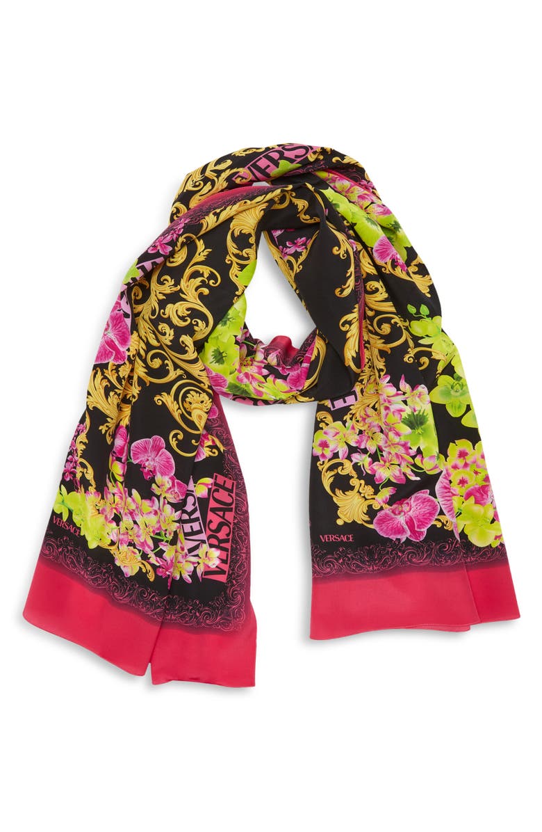 Versace Baroque Orchid Print Silk Scarf, Alternate, color,