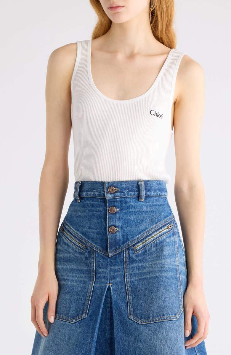 Chloé Logo Embroidered Cotton Rib Tank, Main, color, White