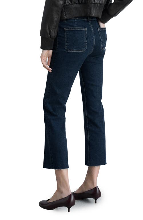 Mango Alex Raw Hem Patch Pocket Crop Flare Jeans In Dark Blue