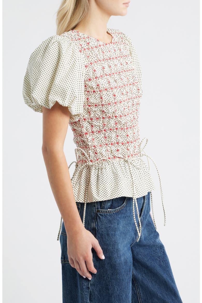 Audrey Polka Dot Smocked Organic Cotton Top, Alternate, color, WHITE