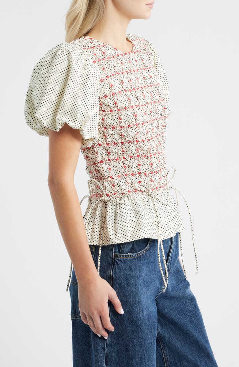 Damson Madder Audrey Polka Dot Smocked Organic Cotton Top, Alternate, color, White