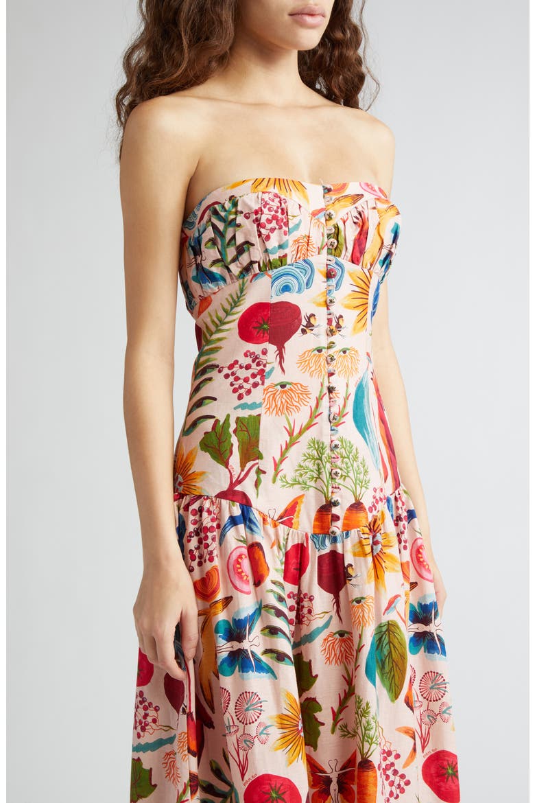 Bright Farm Print Strapless Linen Blend Maxi Dress, Alternate, color, BRIGHT FARM BEIGE