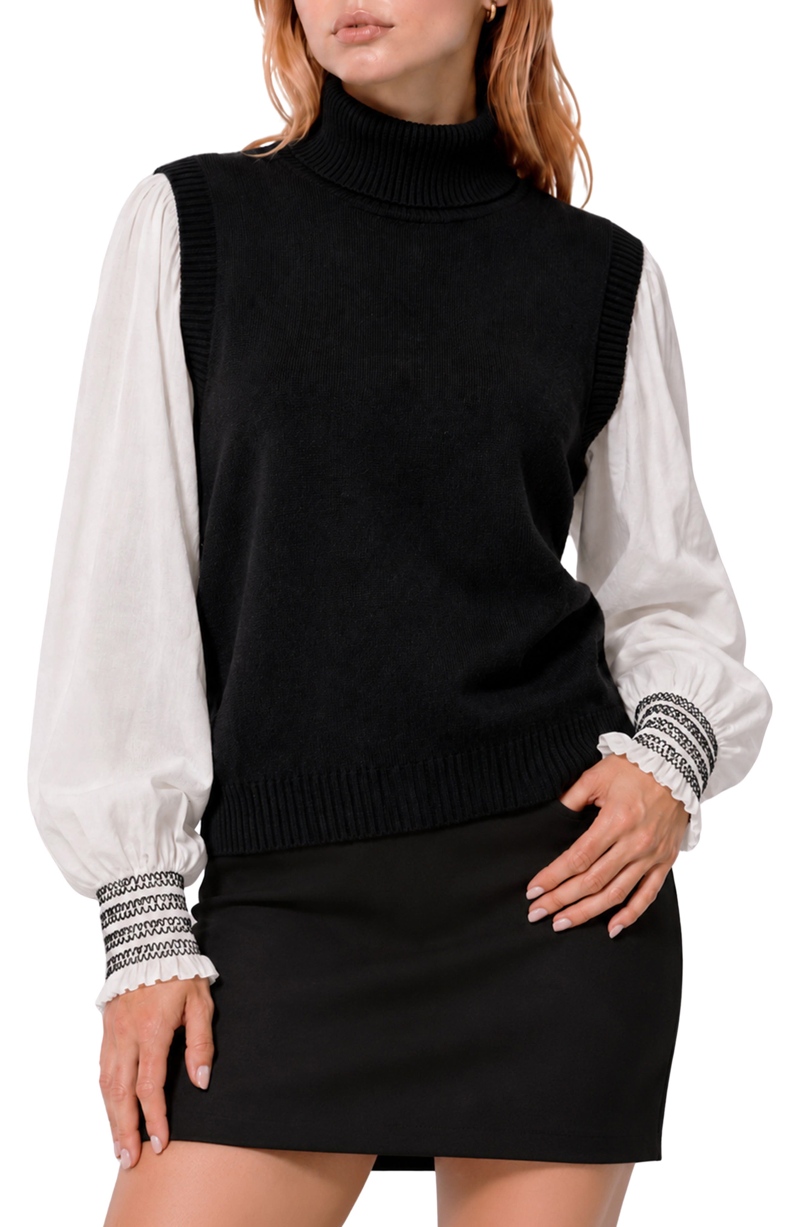 By Design Anne Mixed Media Turtleneck Sweater In Black/ White