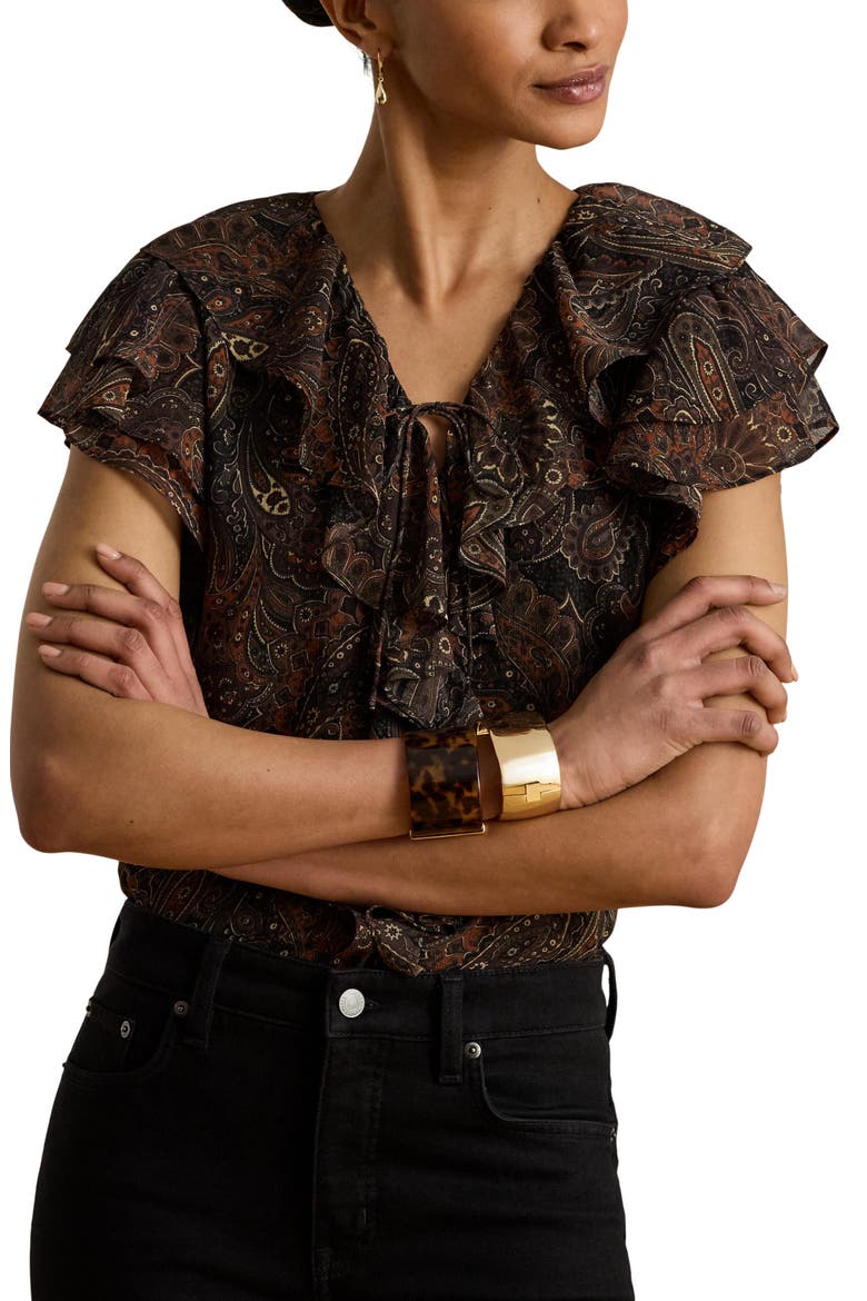 Paisley Ruffle Trim Georgette Top, Main, color, BLACK/ MULTI