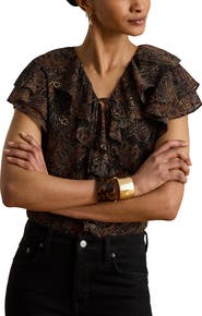 Lauren Ralph Lauren Paisley Ruffle Trim Georgette Top