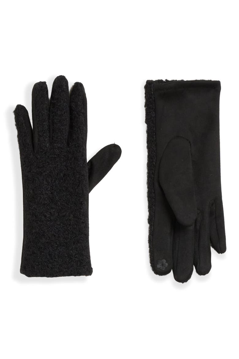 Laurel Faux Suede & Bouclé Tech Gloves, Main, color, BLACK