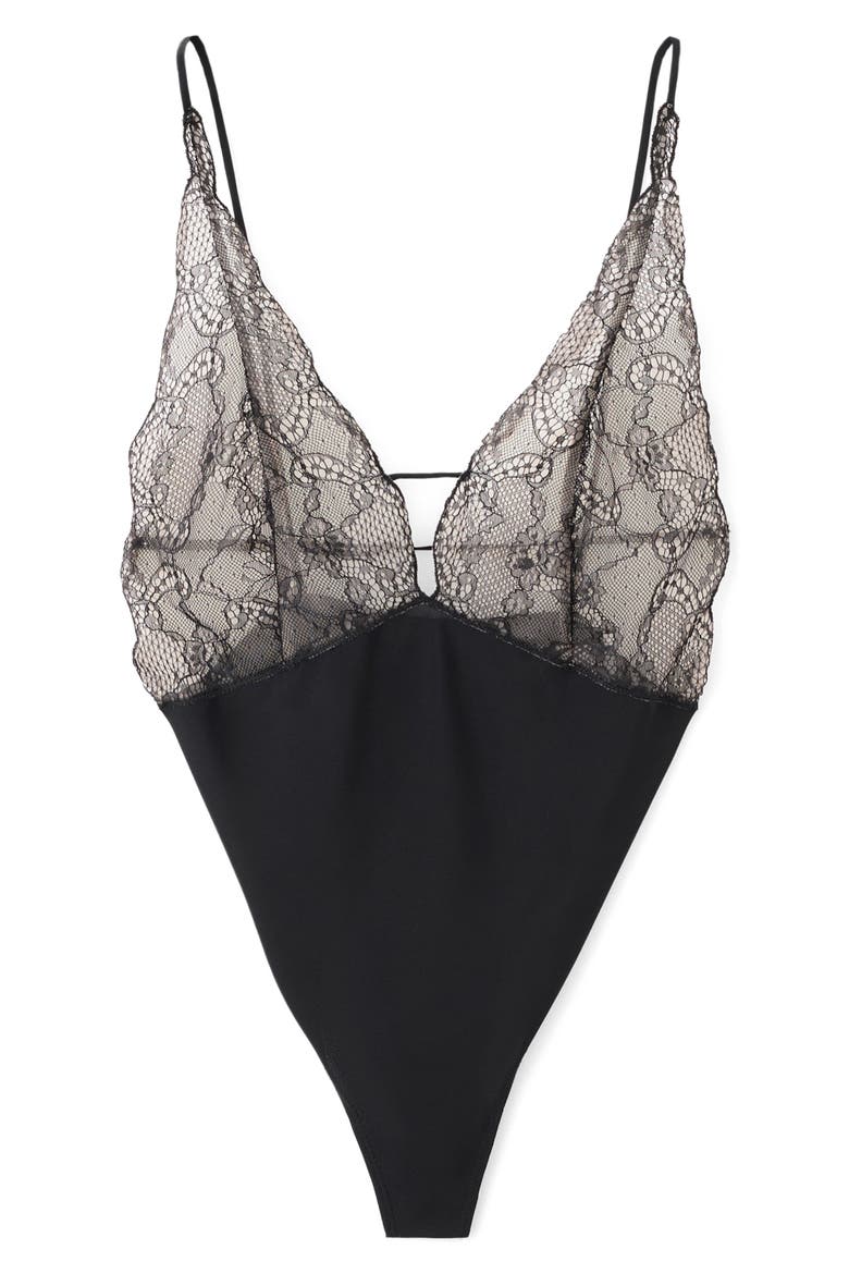 x Kaia Gerber Lace Combo Bodysuit, Main, color, BLACK