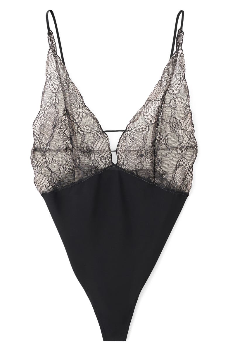 MANGO x Kaia Gerber Lace Combo Bodysuit, Main, color, Black