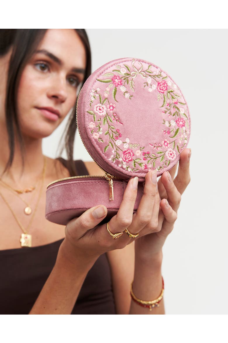 Floral Wreath Velvet Embroidered Round Jewelry Box, Alternate, color, Rose Pink