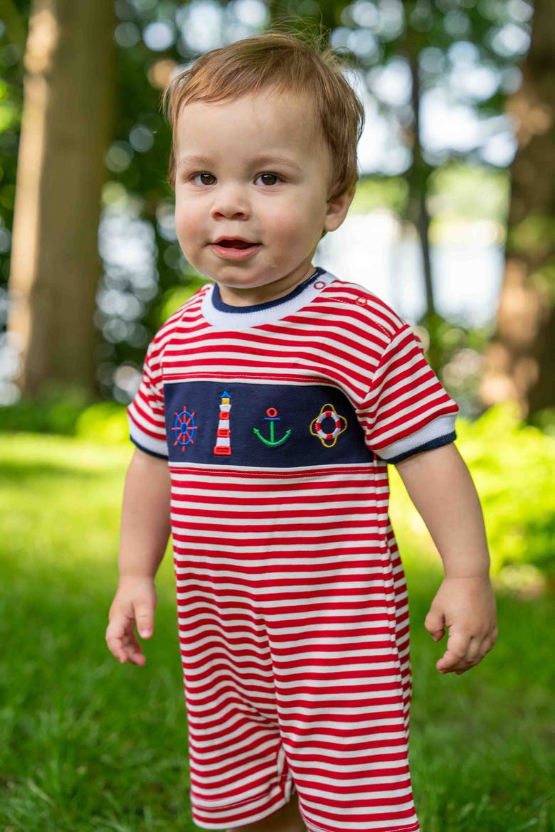 Stripe Knit Shortall With Nautical Applique, Alternate, color, Red/White