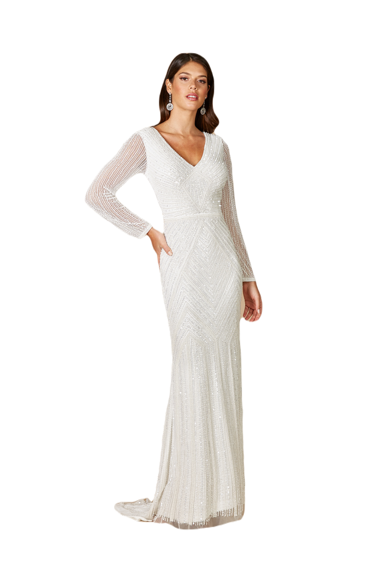 Finley Sheer Sleeve Wedding Gown, Main, color, Ivory