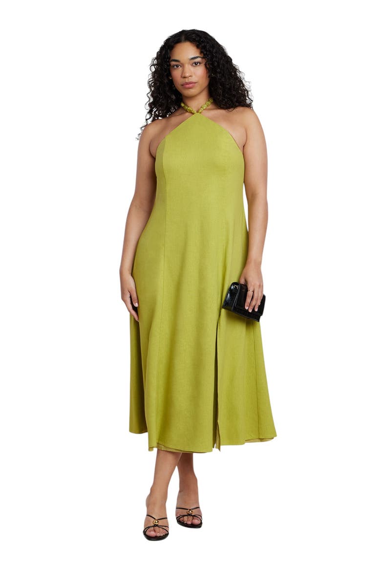 Bead Detail Linen Halter Midi Dress, Main, color, LENTIL SPROUT