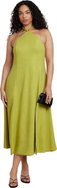ELOQUII Bead Detail Linen Halter Midi Dress