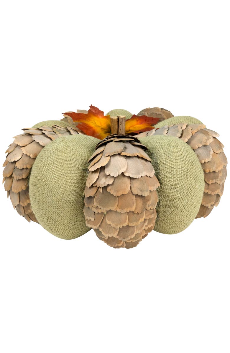 Northlight Layered Wood Petals and Burlap Fall Harvest Pumpkin - 10" - Green and Beige, Main, color, 