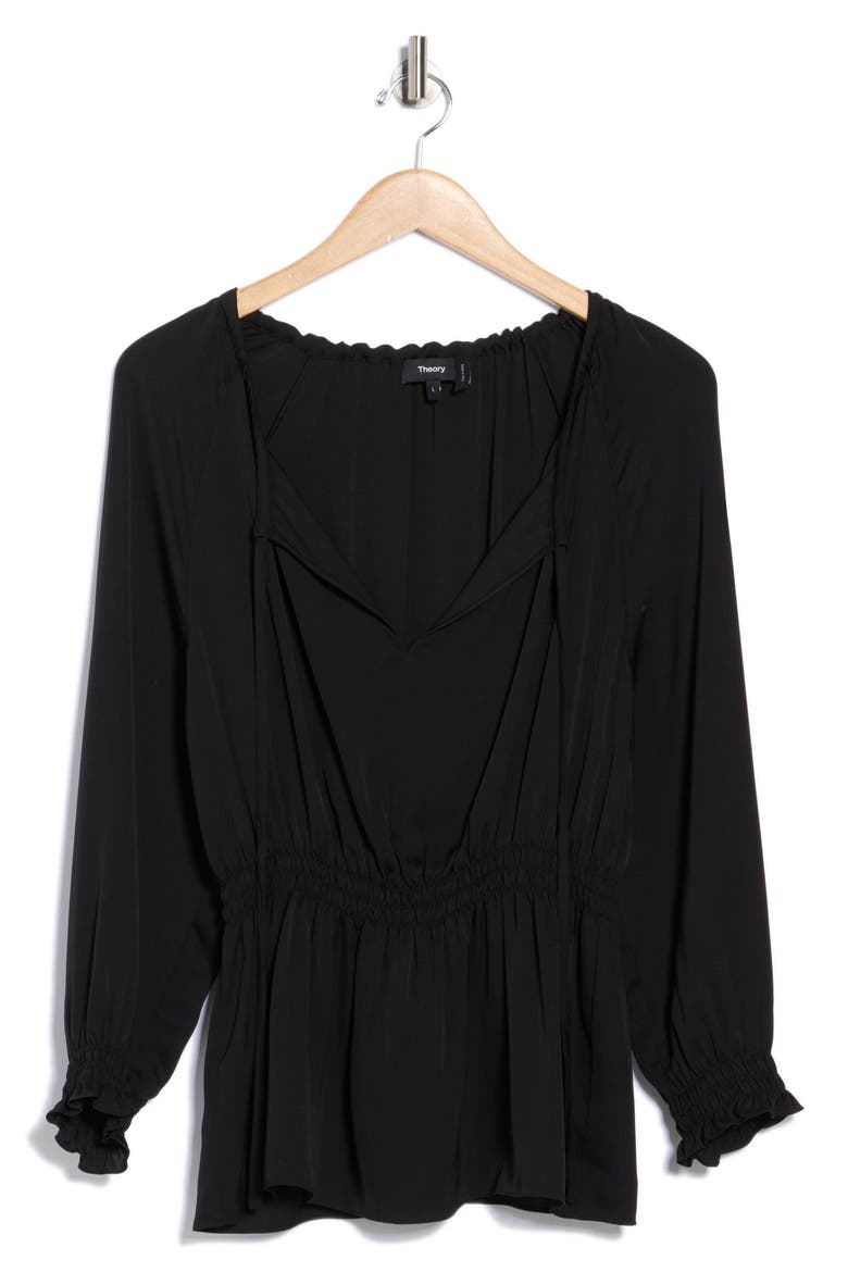 Tie Neck Smocked Silk Top, Main, color, BLACK