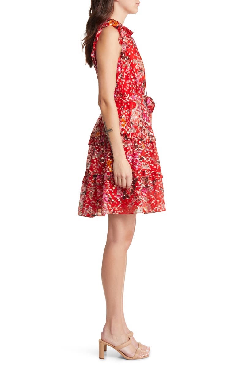 KOBI HALPERIN Brook Metallic Tie Waist Tiered Silk Blend Dress, Alternate, color, Flame Orange Multi