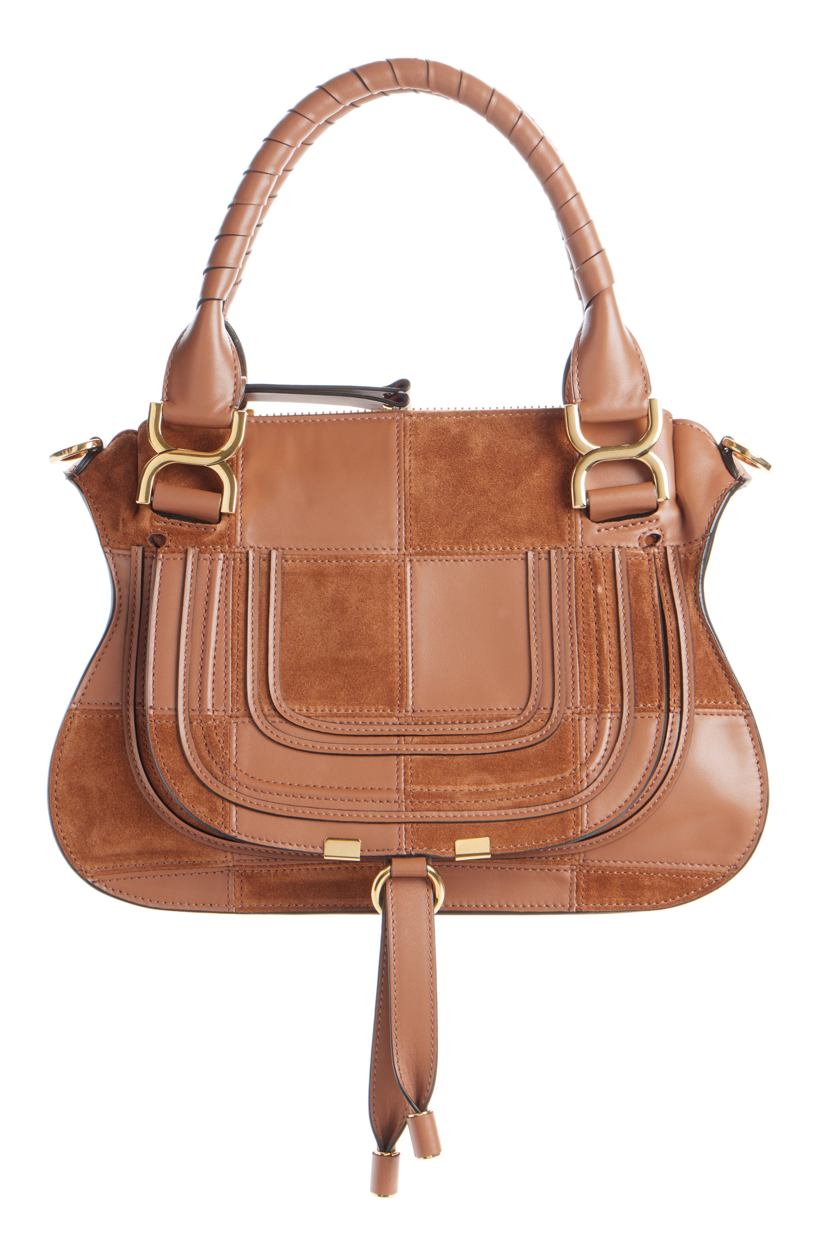 Chloé Marcie Leather & Suede Patchwork Satchel, Main, color, Dusty Tan