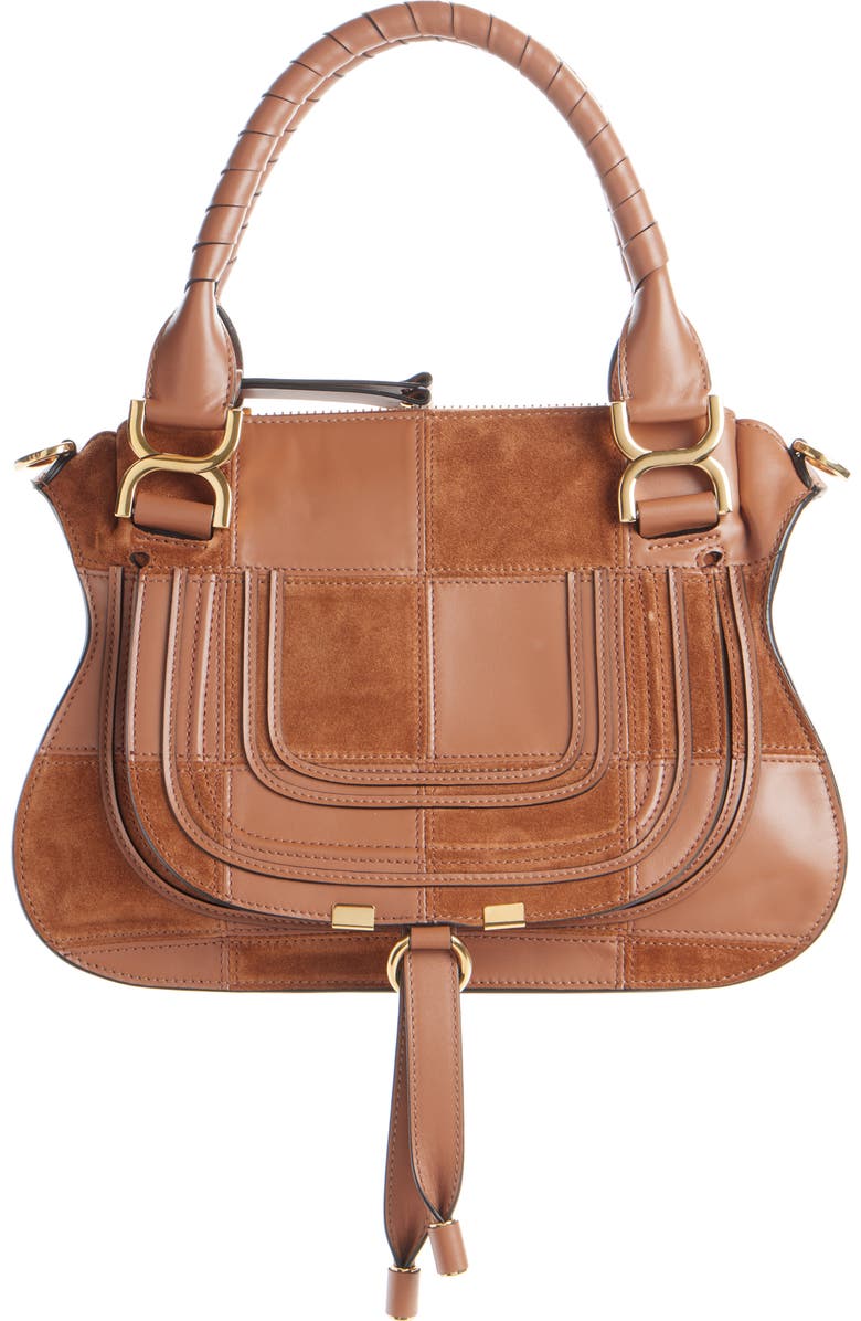 Chloé Marcie Leather & Suede Patchwork Satchel, Main, color, Dusty Tan