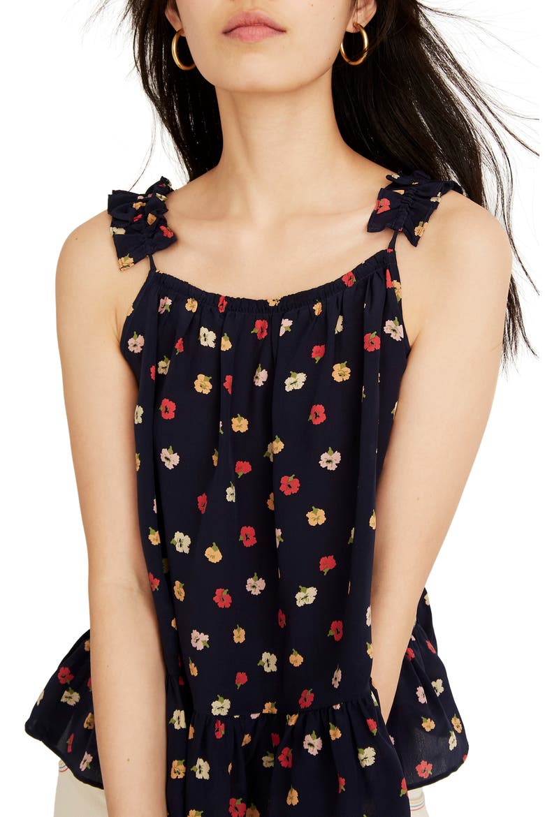 Confetti Floral Ruffle Strap Silk Camisole, Main, color, KIMONO FLORAL DEEP INDIGO