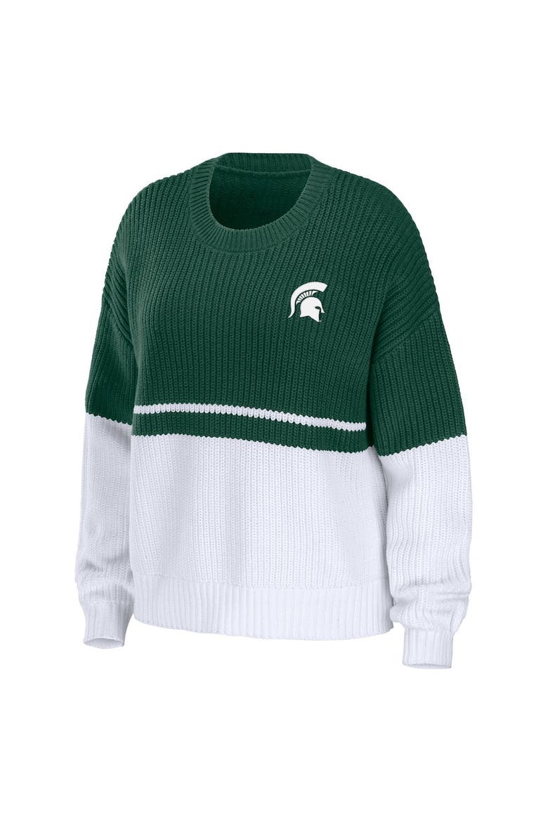 Women's WEAR by Erin Andrews Green/White Michigan State Spartans Boucle Jacquard Patch Chunky Sweater, Alternate, color, Hunter Green