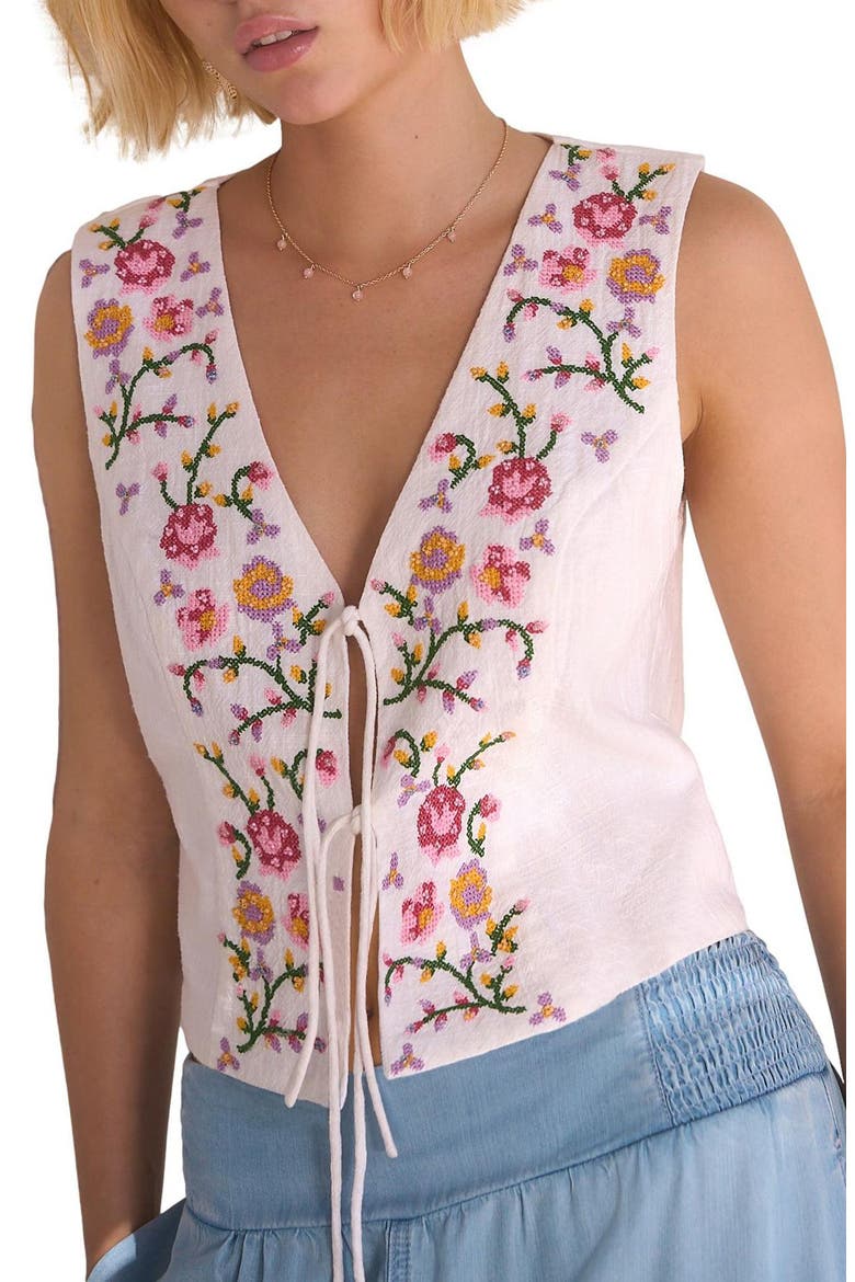 Floral Embroidered Front Tie Vest, Main, color, WHITE