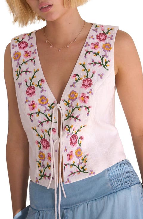 Floral Embroidered Front Tie Vest