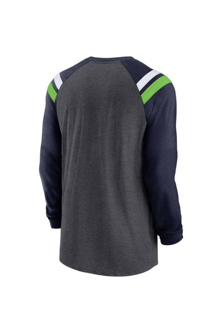 Men's Nike Heathered Charcoal/College Navy Seattle Seahawks Tri-Blend Raglan Athletic Long Sleeve Fashion T-Shirt, Alternate, color, Heather Charcoal