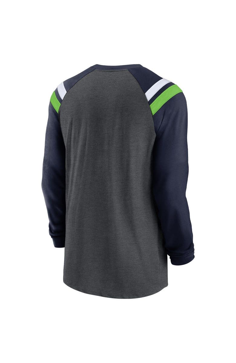 Nike Men's Nike Heathered Charcoal/College Navy Seattle Seahawks Tri-Blend Raglan Athletic Long Sleeve Fashion T-Shirt, Alternate, color, Heather Charcoal