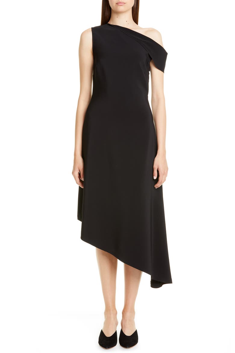 One-Shoulder Asymmetrical Midi Dress, Main, color, BLACK