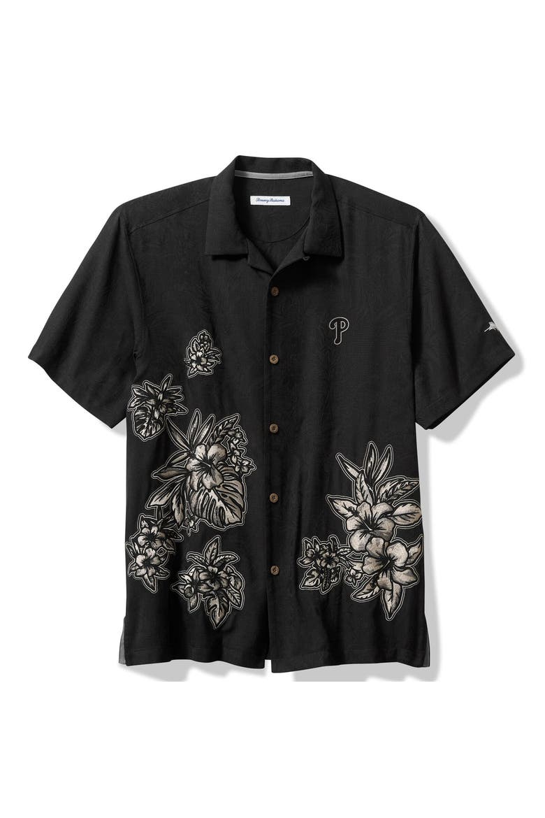 Men's Tommy Bahama  Black Philadelphia Phillies Hibiscus Vibrations Camp Button-Up Silk Shirt, Main, color, Black