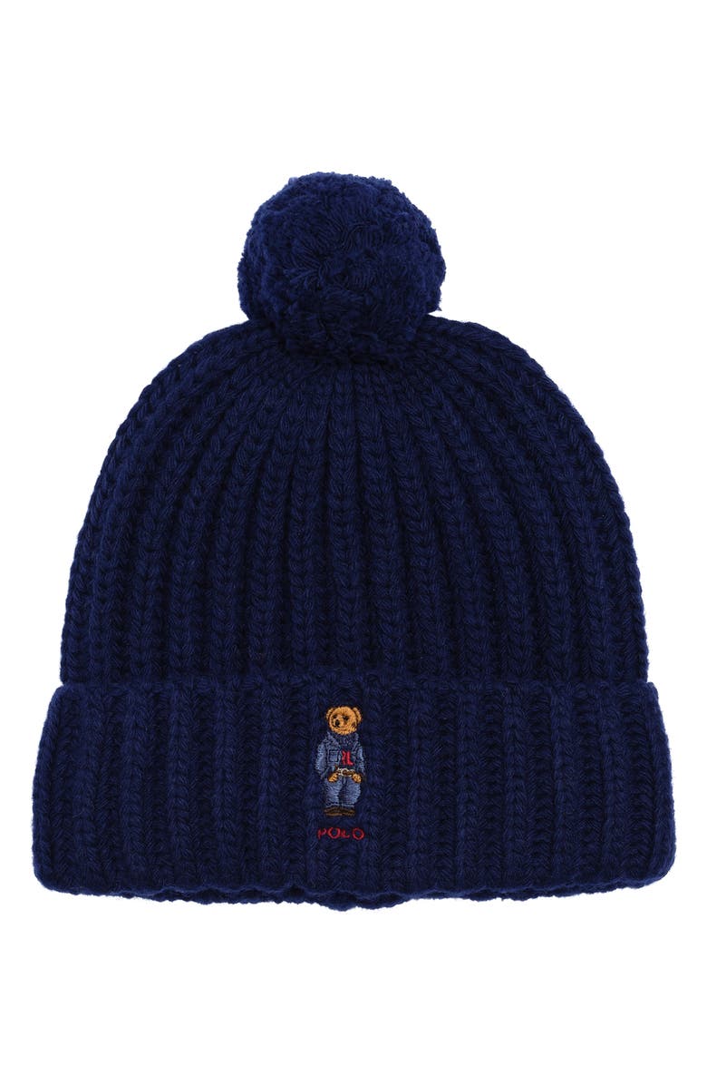 Polo Ralph Lauren Denim Bear Pompom Beanie, Main, color, Hunter Navy