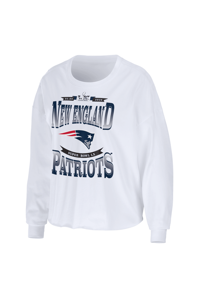 Women's WEAR by Erin Andrews  White New England Patriots Super Bowl LX Cropped Long Sleeve T-Shirt, Alternate, color, White