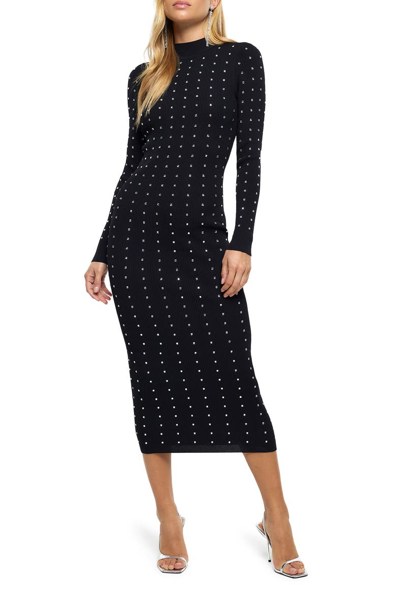 Heatseal Long Sleeve Knit Midi Dress, Main, color, BLACK