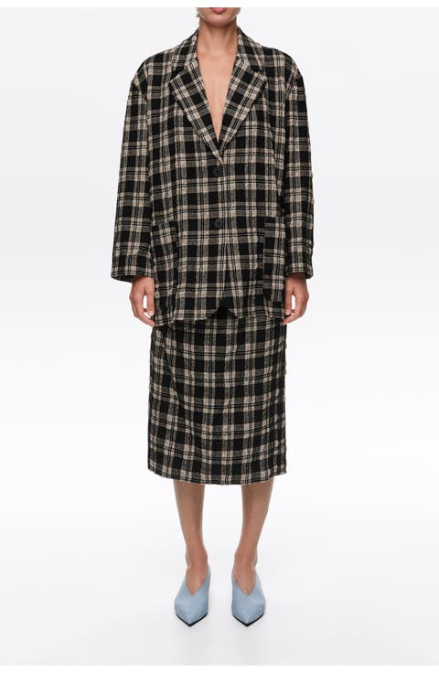 Checked Straight Wool Midi Skirt