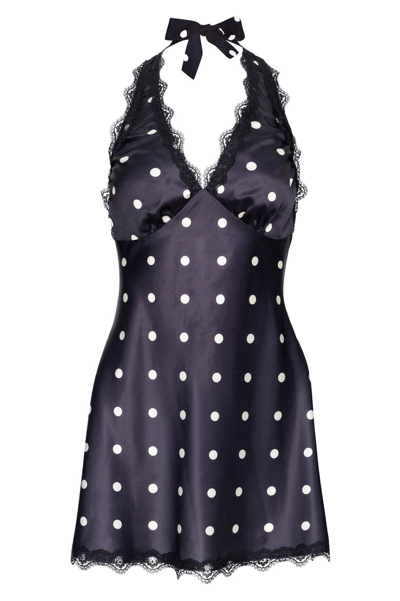 Stars Align Polka Dot Lace Trim Halter Minidress, Alternate, color, NOIR POLKA