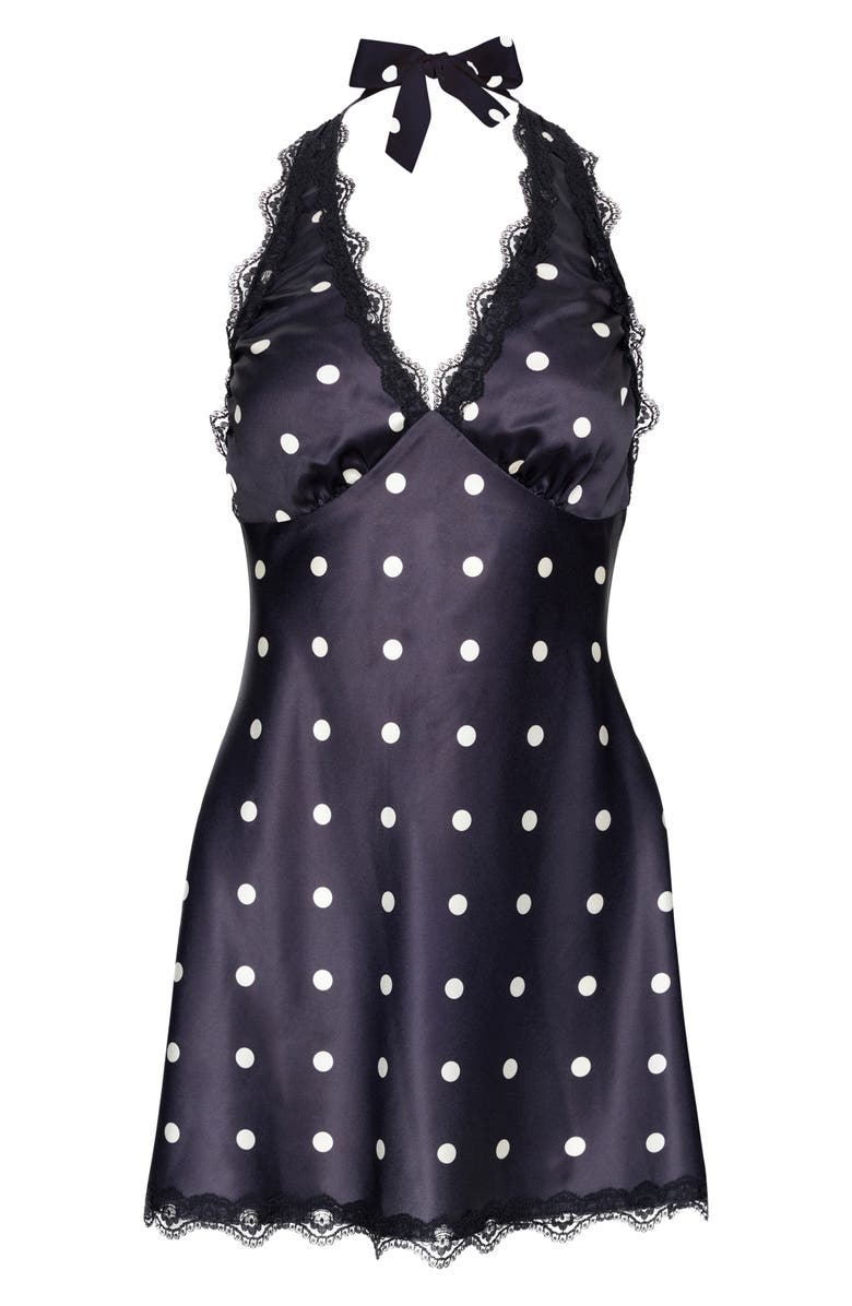 LIONESS Stars Align Polka Dot Lace Trim Halter Minidress, Alternate, color, Noir Polka